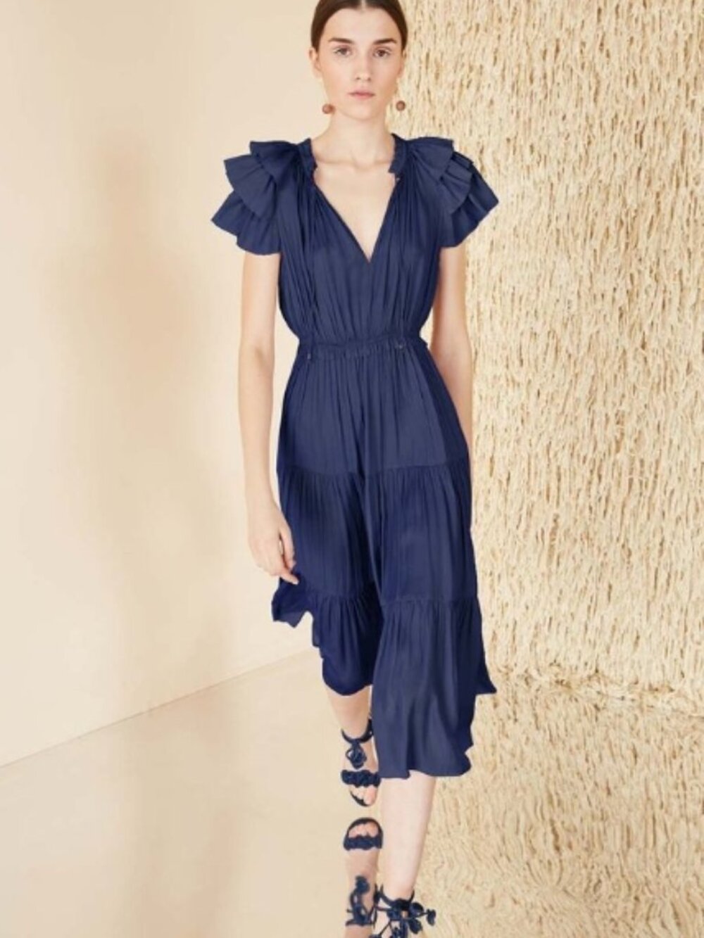 NWOT ULLA JOHNSON Blaire Plisse Satin Midi Dress in Midnight M $520